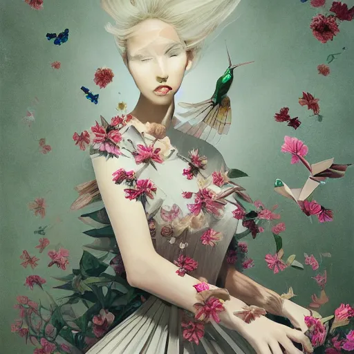 Prompt: 3 / 4 view of a beautiful girl wearing an origami dress, eye - level medium shot, fine floral ornaments in cloth and hair, hummingbirds, elegant, by eiko ishioka, givenchy, hsiao cheng, by peter mohrbacher, centered, fresh colors, origami, fashion, detailed illustration, vogue, japanese, reallusion character creator