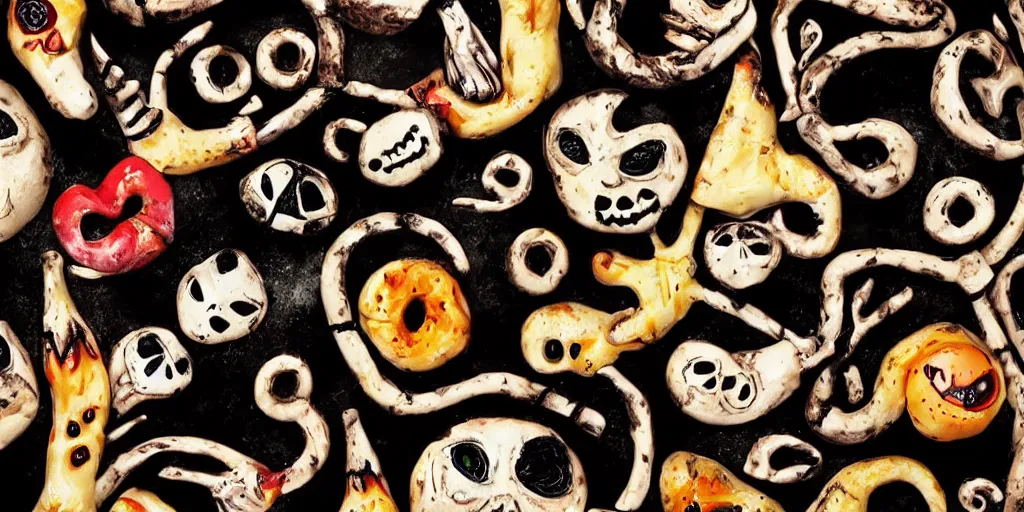 Image similar to curved perspective burned food by tim burton's the nightmare before christmas