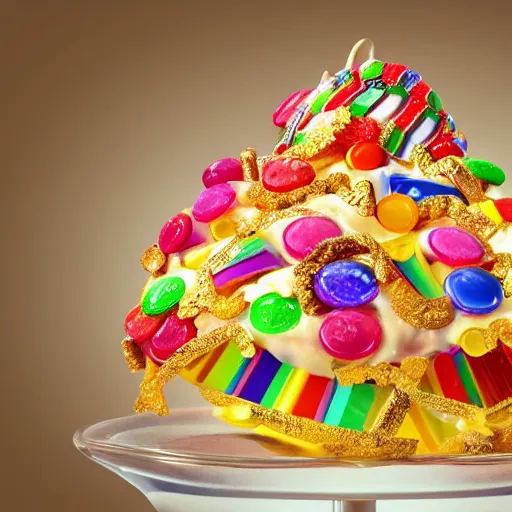 Prompt: an ice cream sundae made out of gems, high clarity gems, elegant and ornate,