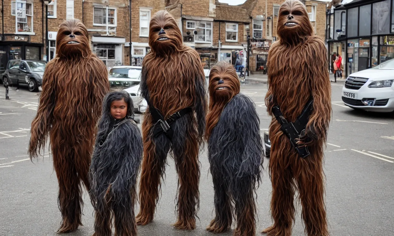 Image similar to photo of chewbacca and krrsantan standing on the streets of rochester, england