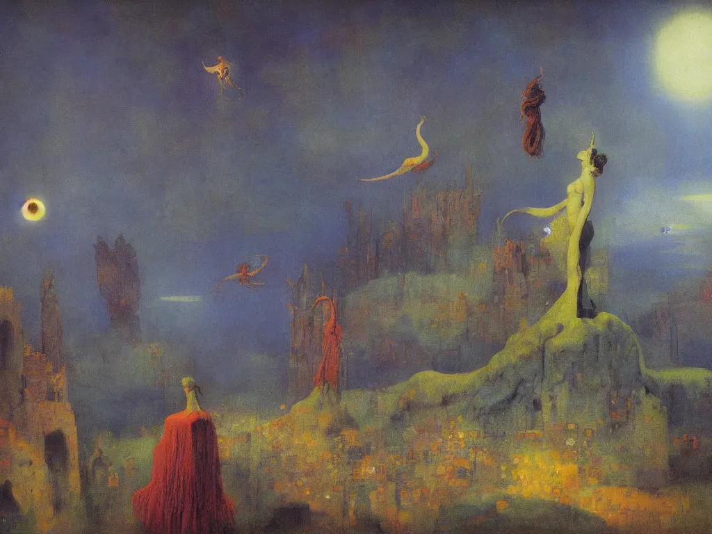 Prompt: bright dramatic lighting colorful surrealist symbolist oil painting titled'someone must have set them up now they'll be working in the cold grey rock ', magical realism symbolist, ruined city landscape with hybrid animal protagonist, painted by arnold bocklin and odilon redon and max ernst, shocking detail trending on artstation 8 k