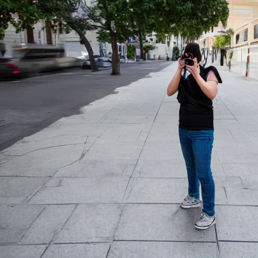 Prompt: a woman wearing a bandana taking a photograph on sidewalk