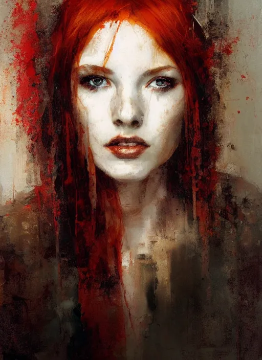 Image similar to portrait painting of beautiful red head ancient irish priestess, by jeremy mann, only one head single portrait