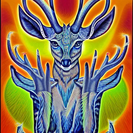 Prompt: deer deity by Alex Grey