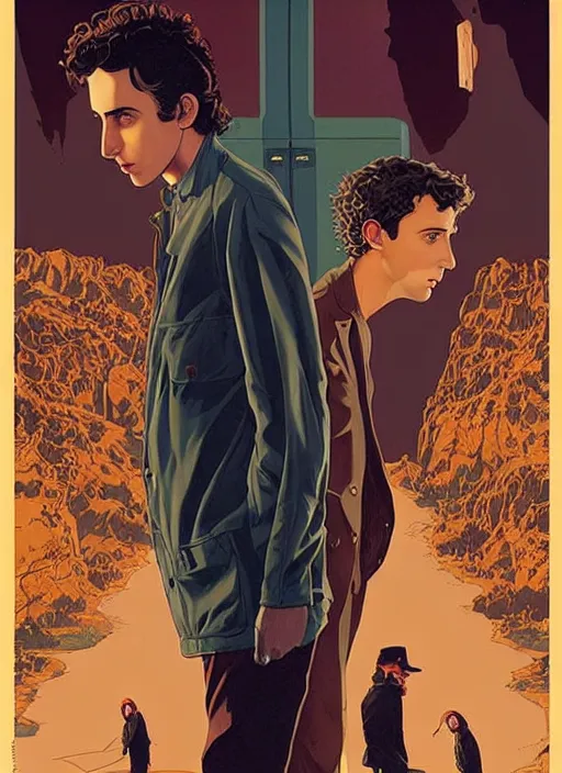 Image similar to poster artwork by Michael Whelan and Tomer Hanuka, Karol Bak of Ryan Gosling and Timothee Chalamet are the Hardy boys, from scene from Twin Peaks, clean