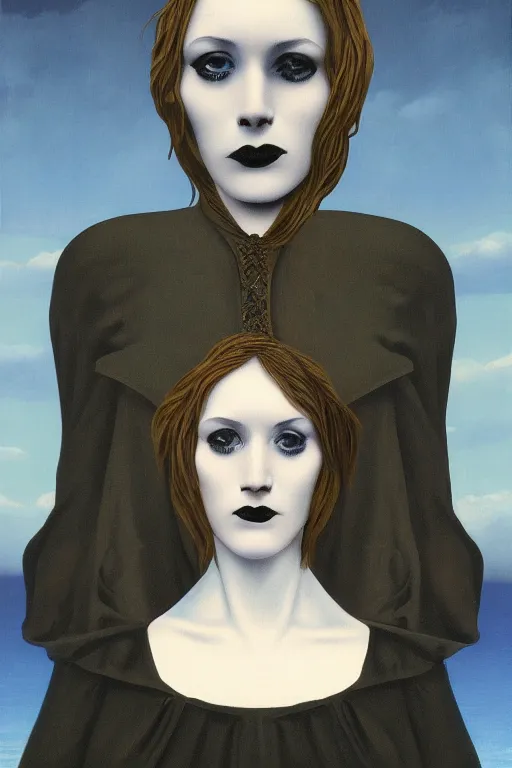 Prompt: portrait of beautiful young gothic maiden, readhead, highly detailed, artstation, illustration, art by rene magritte