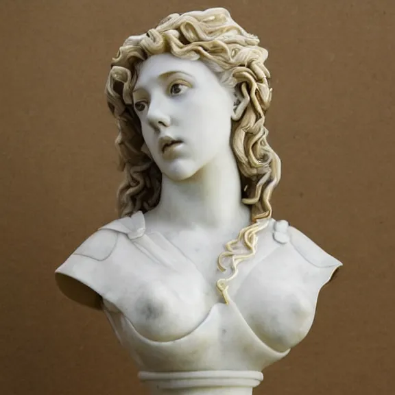 Image similar to a white art nouveau marble sculptural bust of a worried young scarlett johansson as joan of arc with long, flowing hair, wearing intricate gold plate armor on her chest, delicate, intricate, smooth, beautiful, by charles van der stappen