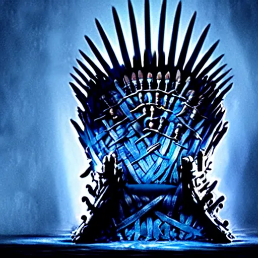 Prompt: the night king sitting on the iron throne, game of thrones, dragon breathing blue fire in background, perspective, moody ,dark, blue lights,artistic