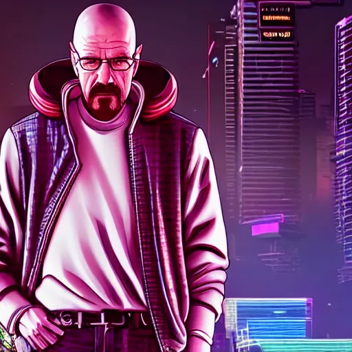 Image similar to walter white from breaking bad in cyberpunk 2 0 7 7 with futuristic city, 4 k, hyper realistic, synthwave, vapor wave, futuristic, advanced