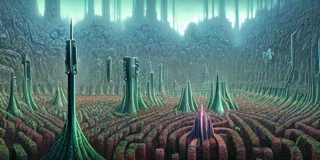 Prompt: painting alien nature labyrinth consuming futuristic mega city from blade in the style of nebulapunk by dan seagrave and tomasz alen kopera with futuristic castle by simon stahlenhag