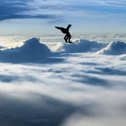 Image similar to A goddess and an angel flying above the clouds