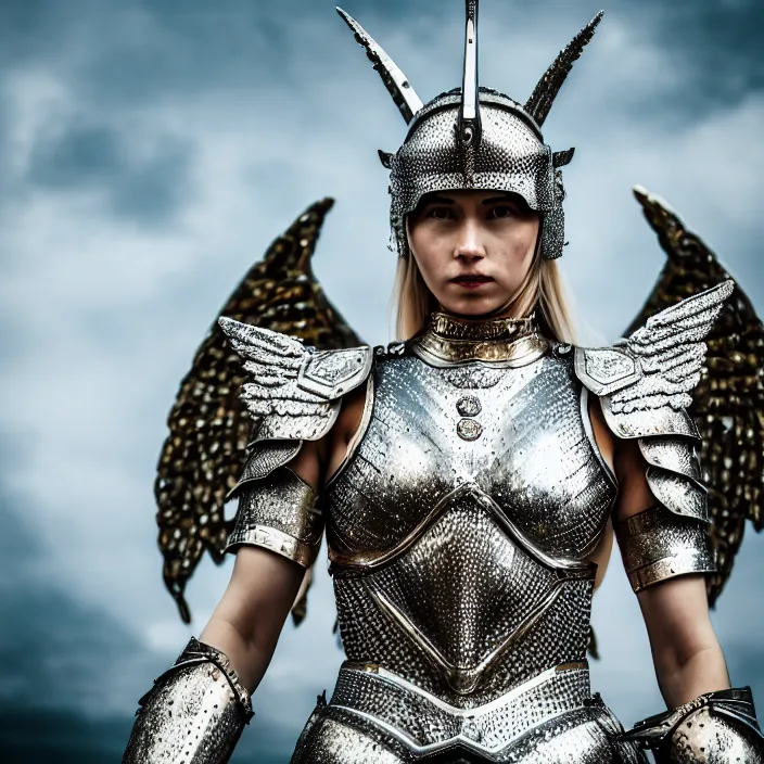 Prompt: full body photo of an angel warrior queen wearing diamond encrusted armour, highly detailed, 4 k, hdr, smooth, sharp focus, high resolution, award - winning photo