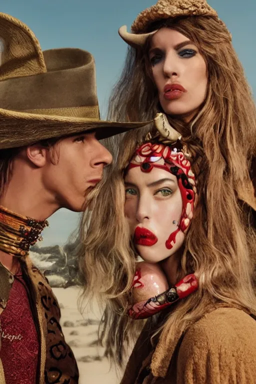 Image similar to dolce & gabbana campaign featuring jar jar binks as a female cowgirl, long eyeslashes, huge juicy lips, big seductive eyes, shot by mario testino, realistic vfx simulation