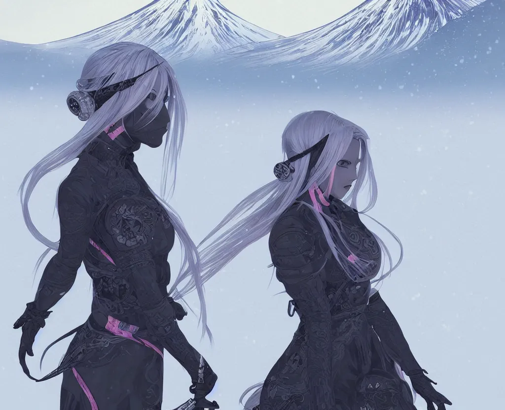 Image similar to portrait grey hair ninja gaiden girl, black plus little pink ninja wardrobe, at snowy fuji mountain sunrise, ssci - fi and fantasy, intricate and very very beautiful, detailed, digital painting, artstation, concept art, smooth and sharp focus, illustration, art by tian zi and wlop and alphonse mucha