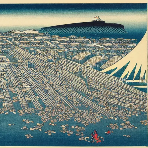 Prompt: Southampton City, Woodblock Print by Hokusai
