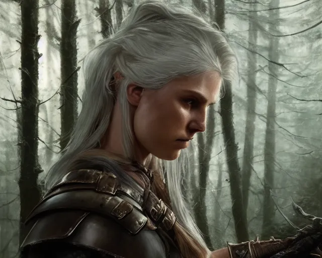 Image similar to 5 5 mm portrait photo of a real life tough looking freya allen as ciri in brown leather armor with silver hair and a large scar along her left cheek, in a magical forest. dark atmosphere. art by greg rutkowski. highly detailed 8 k. intricate. lifelike. soft light. nikon d 8 5 0.