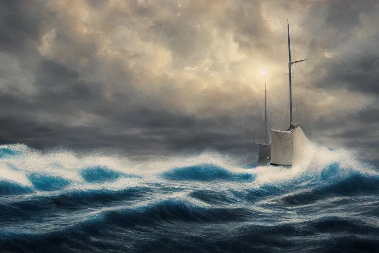 Image similar to a real photographic landscape painting with incomparable reality, super wide, ominous sky, sailing boat, wooden boat, lotus, huge waves, starry night, harry potter, volumetric lighting, clearing, realistic, james gurney, artstation