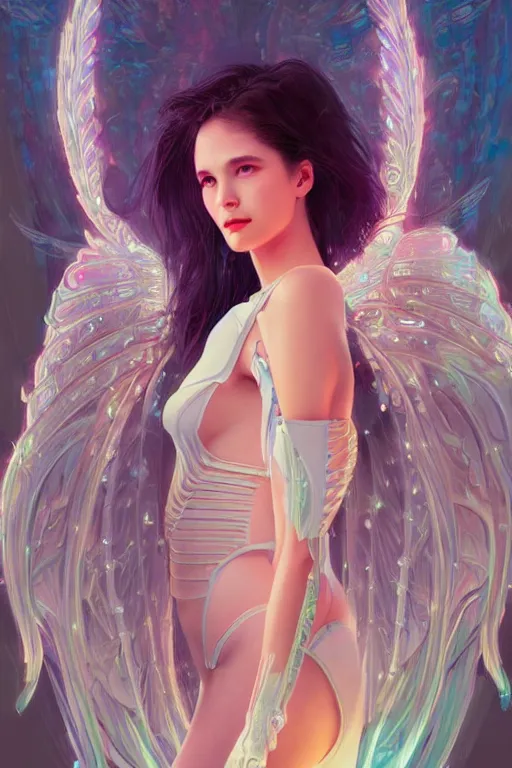 Image similar to portrait futuristic goddess angel Girl with wings, in future cyberpunk tokyo rooftop , ssci-fi, fantasy, intricate, very very beautiful, elegant, human anatomy, neon light, highly detailed, digital painting, artstation, concept art, smooth, sharp focus, illustration, art by tian zi and WLOP and alphonse mucha