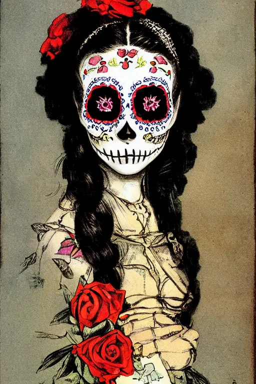 Image similar to illustration of a sugar skull day of the dead girl, art by franciso goya