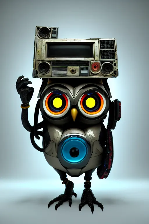 Image similar to high quality 3 d render very cute cyborg owl! with boombox!, cyberpunk highly detailed, unreal engine cinematic smooth, in the style of blade runner & detective pikachu, hannah yata charlie immer, moody light, low angle, uhd 8 k, sharp focus