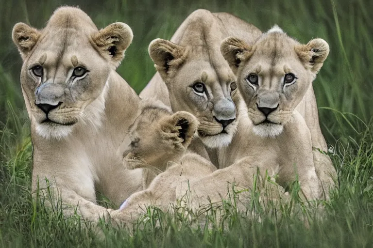 Image similar to beautiful aesthetic digital illustration of a pale blue lioness with a litter of pastel cubs