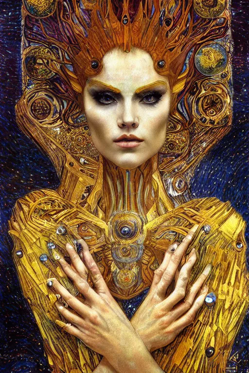 Image similar to Intermittent Chance of Chaos Muse by Karol Bak, Jean Deville, Gustav Klimt, and Vincent Van Gogh, enigma, destiny, fate, inspiration, muse, otherworldly, fractal structures, arcane, ornate gilded medieval icon, third eye, spirals