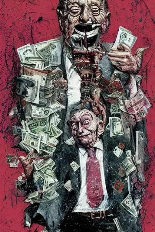 Image similar to George Soros full body shot, dollar bills Body horror, biopunk, by Ralph Steadman, Francis Bacon, Hunter S Thompson