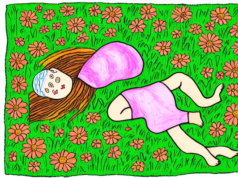 Image similar to drawing of girl laying down in the lawn full of flowers that smells like honey amongst forest with her soul connected to the nature around her. in naive art style