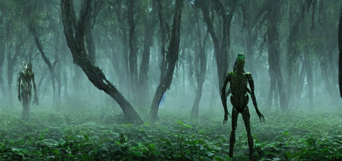 Prompt: a complex organic fractal 3 d metallic symbiotic ceramic humanoid megastructure creature in a swampy lush forest, foggy, cinematic shot, photo still from movie by denis villeneuve, 9 0 s anime by junji ito