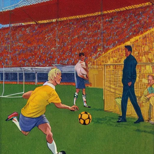 Image similar to a blonde man inspecting a soccer game from the stands. happy, colorful Epic portrait by james gurney and mœbius.