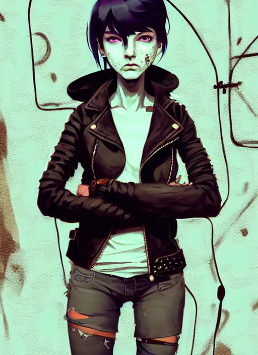 Image similar to highly detailed portrait of a sewer punk lady student, blue eyes, leather jacket, white hair by atey ghailan, by greg rutkowski, by greg tocchini, by james gilleard, by joe fenton, by kaethe butcher, gradient blue, black, brown and cyan color scheme, grunge aesthetic!!! ( ( graffiti tag wall background ) )