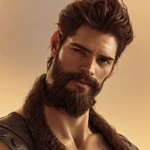 Prompt: portrait of a young, ruggedly handsome ranger, soft hair, muscular, half body, leather, hairy, d & d, fantasy, intricate, elegant, highly detailed, digital painting, artstation, concept art, smooth, sharp focus, illustration, art by artgerm and greg rutkowski and alphonse mucha