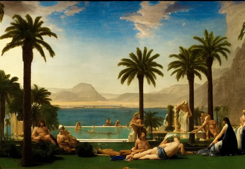 Image similar to The highest palace ever made, thunderstorm, greek pool, beach and palm trees on the background major arcana sky, by paul delaroche, hyperrealistic 4k uhd, award-winning very detailed