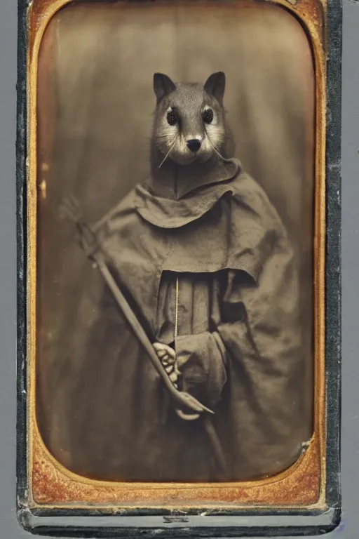Image similar to a wet plate photo of an anthropomorphic weasel dressed as a friar