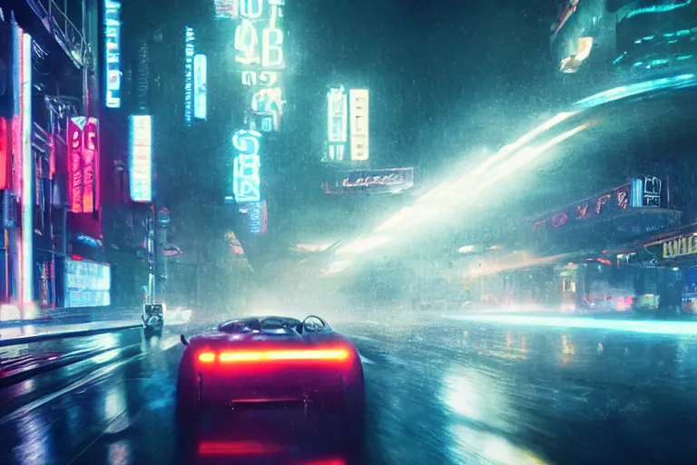 Image similar to a 1 9 3 5 bugatti, speeding down tokyo highway in the rain, night time, neon lights, thunderstorm, movie still from the movie bladerunner 2 0 4 9