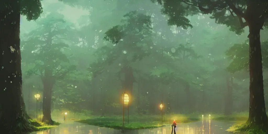 Prompt: high quality illustration of an enchanting forest in the rain, sunshine, amazing mood : : art by daisuke tsutsumi & ghibli studio & atey ghailan, artstation art, cinematic lighting