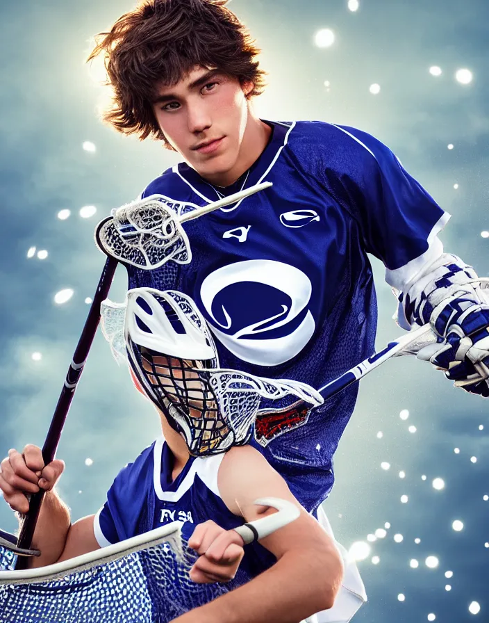 Image similar to closeup portrait of very beautiful cute male lacrosse player in a penn state stadium, glamour pose, particle effects, backlit, highly detailed, soft ambient lighting, sharp focus, rule of thirds, artgerm, wlop, arney freytag, rossdraws, frank frazetta, andrei riabovitchev, hd, octane, 4 k