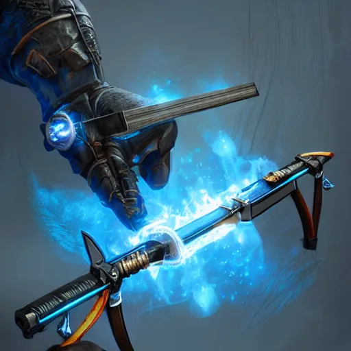 Prompt: a wrist mounted crossbow with blue fire inside the bolt, fantasy style, dramatic lighting, cinematic, establishing shot, extremely high detail, photo realistic, cinematic lighting, post processed, concept art, artstation, matte painting, style by eddie mendoza, raphael lacoste, alex ross