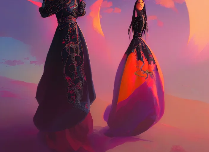 Prompt: A psychedelic portrait of cute dragonin black oriental dress, vibrant color scheme, highly detailed, in the style of romanticism, cinematic, artstation, Moebius, Greg rutkowski