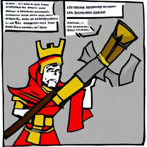 Image similar to of a dumb crusader knight that is the anti comunism crusader character, full plate, totally mad and yelling, shoutting using a megaphone, full plate, sword, shield, character sheet explaining his items and weapons,,