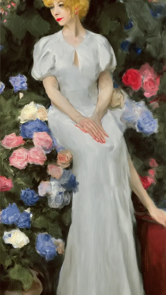 Image similar to portrait of julee cruise in white balloon sleeve dress detailed curtain beside a pot of blue roses, a detailed persian painted by john singer sargent