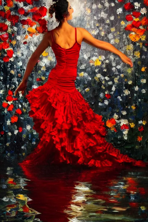 Image similar to detailed oil painting of spanish flamenco dancer wearing a red dress made of flowers, dress engulfed in flames, standing waist deep in water, midnight, moon, dimly lit, looking away, dark shadows, ethereal, foggy, moody, photo realistic, high definition, 4 k, slr