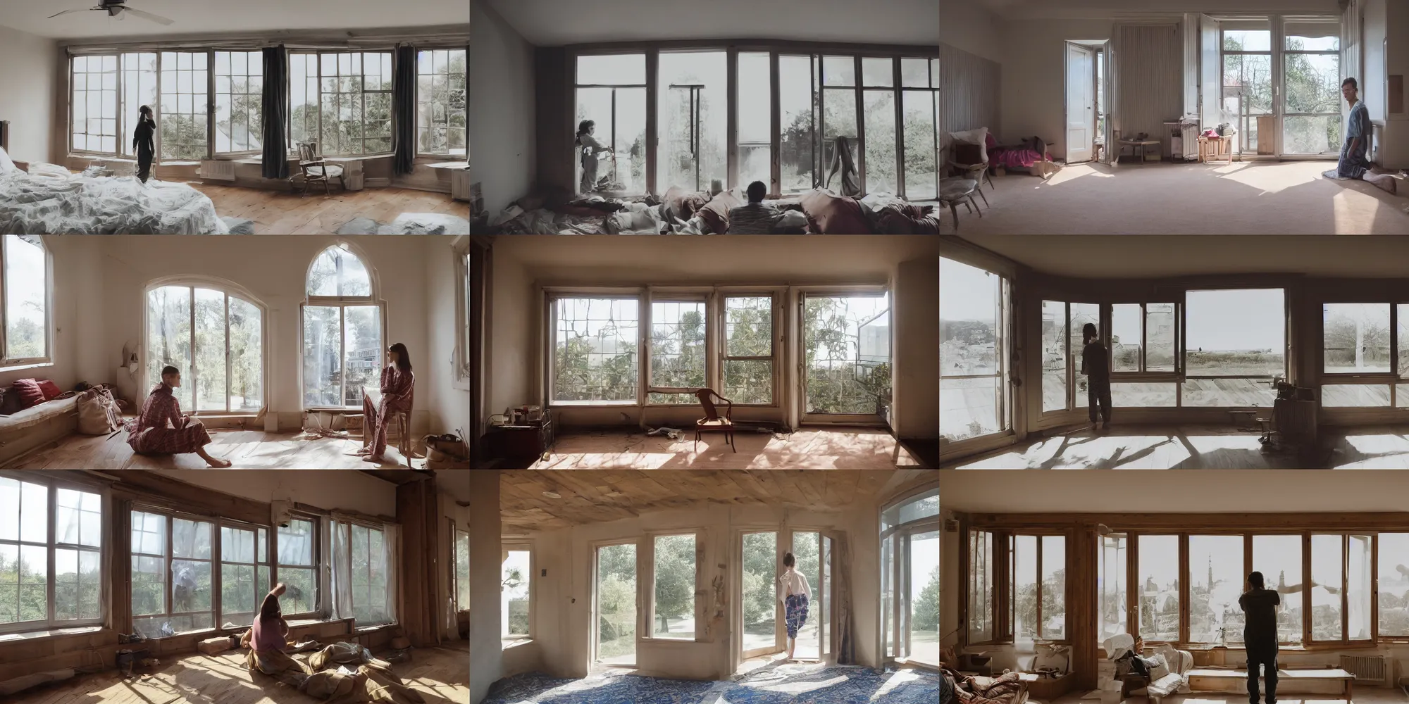 Prompt: person in pyjamas standing near window, turned back to camera, cinematographic, sun rays, daylight, big french door window with walls to the sides, windowsill, big spacious room, carpet at the floor, furnished room, anamorphic shot lens, window at the center, wooden floor, modern, photorealistic, high ceiling