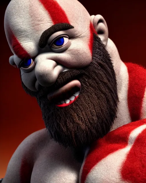 Image similar to kratos as a muppet. highly detailed felt. hyper real photo. 4 k.