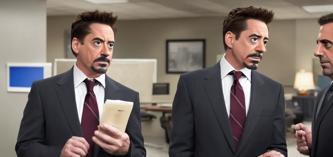 Image similar to a very high resolution image of tony stark with micheal scott. from an episode of the office. photorealistic, photography