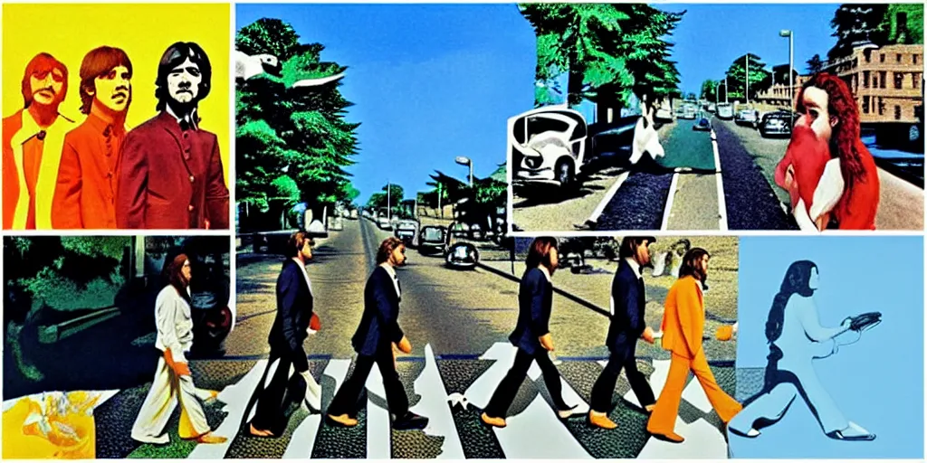 Image similar to blazing sun, blue sky happy faces photo, beatles abbey road crossing album art, sunny day, frida carlo, bill sienkiewicz, jamie hewlett