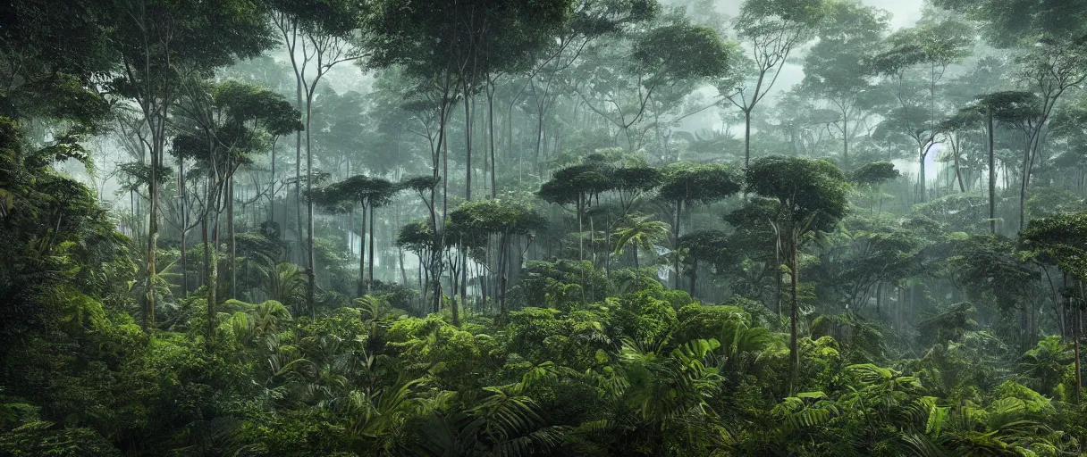 Image similar to architecture inspired by oscar niemeyer deep in the rainforest. nature is taking over. matte painting by ivan laliashvili. unreal engine 5 render. atmospheric. cinematic.