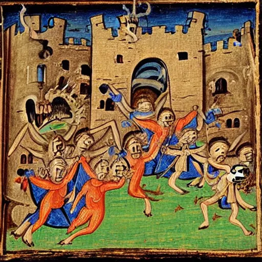 Image similar to painting of demons attacking a castle, alfonsus de spina, france, 1 5 th century