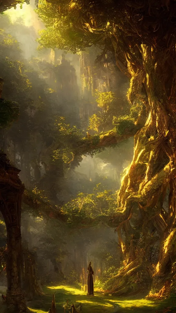 Prompt: within a colossal tower made of trees, entwined branches, classical 1 8 th century painting, golden ratio, majestic noble fantasy, final fantasy, cinematic, thomas kinkade, craig mullins, dappled lighting, hyper detalied