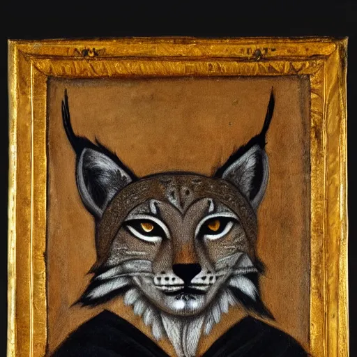 Image similar to renaissance style portrait of an lynx wearing a crown and a cape, dark background